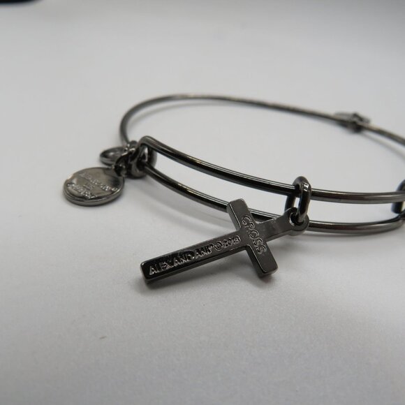 Alex Ani Cross Charm Bangle Bracelet Gun Metal Gray Tone Adjustable - Picture 7 of 8